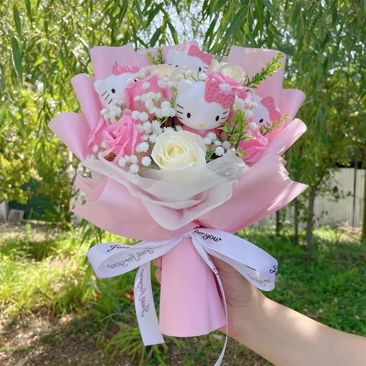 Kawaii Hello Kitty Cat Plush Dolls  Rose Soap Flowers Bouquet Christmas Valenti image 0