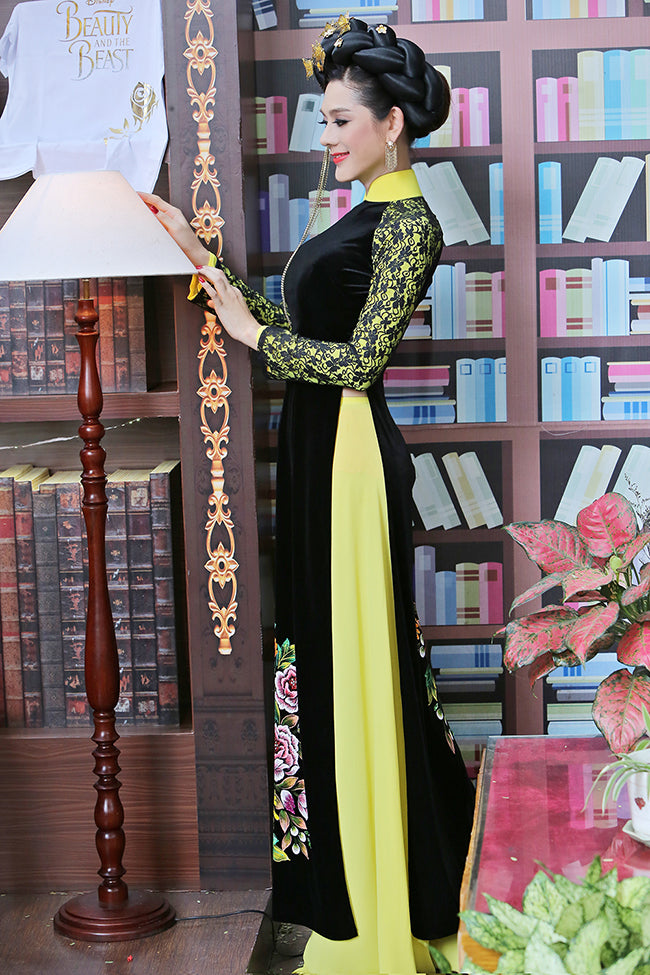 Customized Black Velvet Women Aodai Vetnam Clothing Long Cheongsam Aodai Vietna image 2