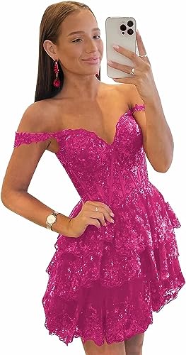 Off-the-Shoulder Sweetheart Tulle Homecoming Dresses Lace Tiered Sleeveless Spa image 0