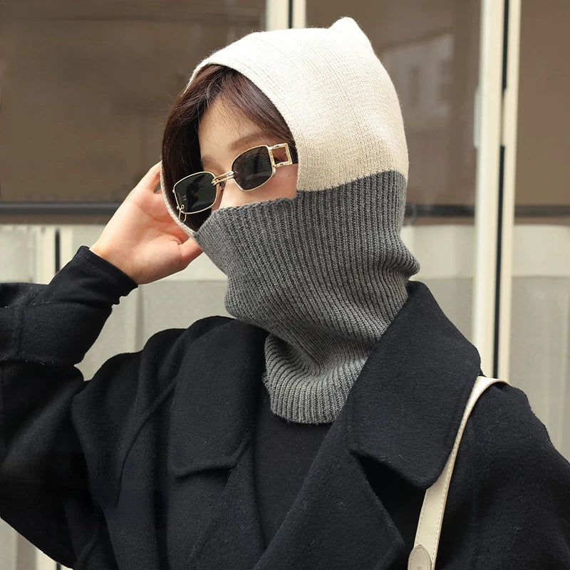 Winter Women Men's Knitted Cotton Hat Scarf Color Matching Two-color Balaclava  image 1