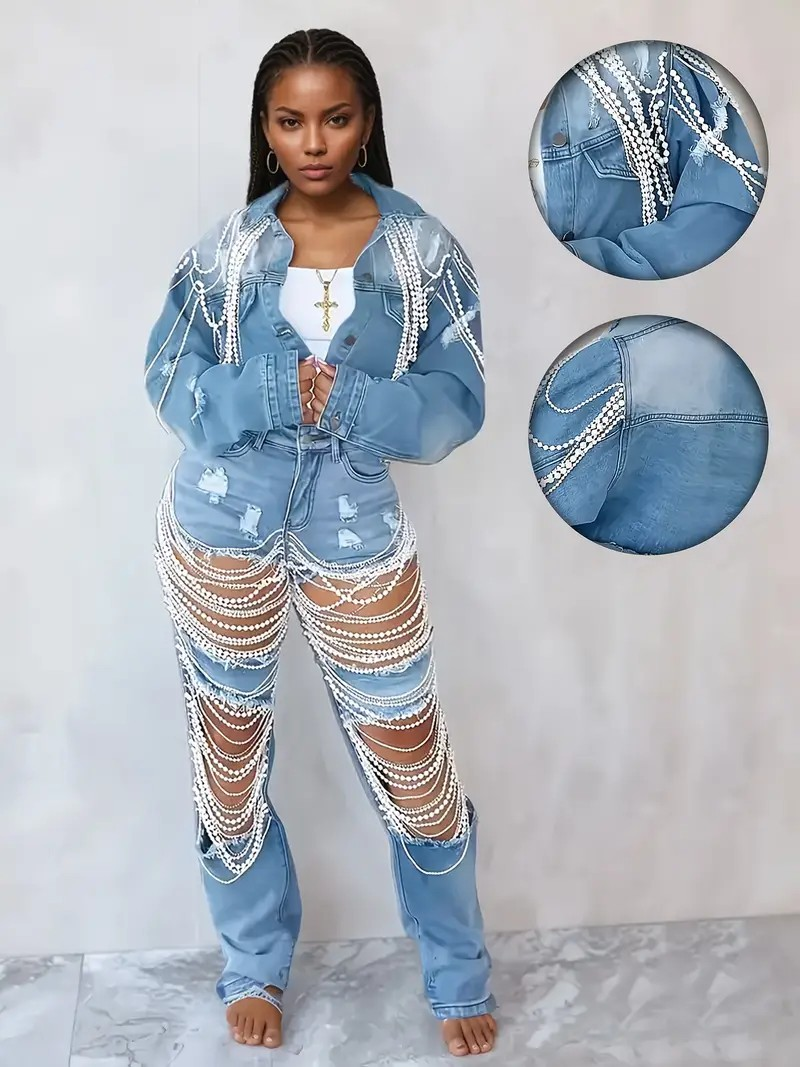 Women's Embroidered Denim Jacket with Pearl Chains, Handmade Beaded Casual Jack image 6