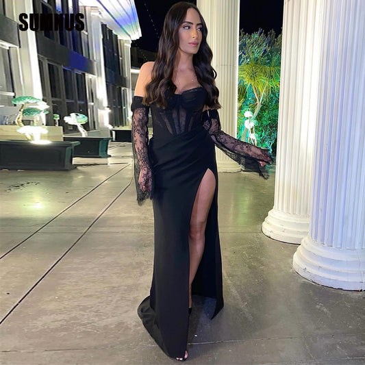 SUMNUS Sexy Black Satin Prom Party Dress Detachable Long Sleeve Formal Night Ev image 0