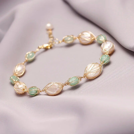 Original Handmade 14K Gold Filled Baroque Natural Freshwater Pearl Jade Lady Br image 0