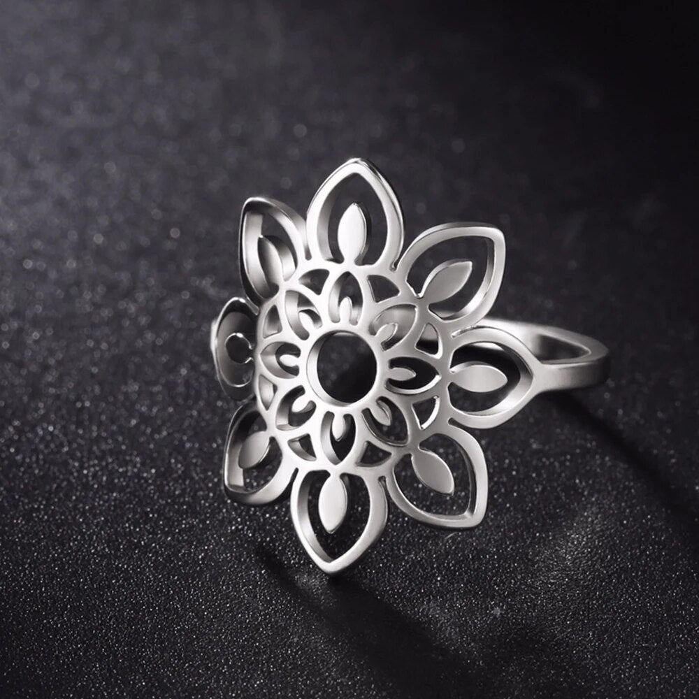 My Shape Lotus Mandala Flower Rings Women Stainless Steel Gold Color Finger Rin image 15