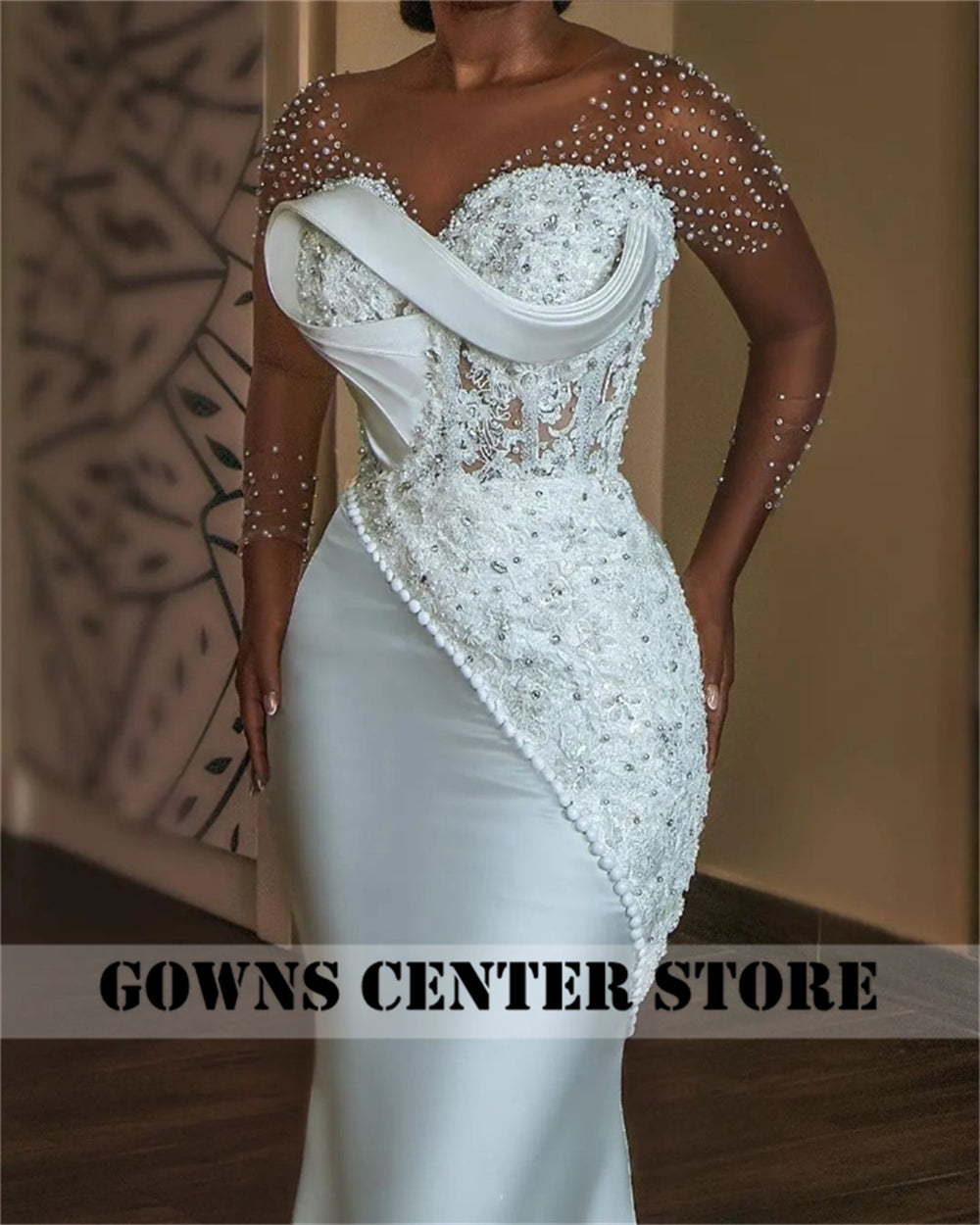 White Pearls Beaded Luxury Mermaid African Wedding Dress Mesh Long Sleeves Aso  image 2