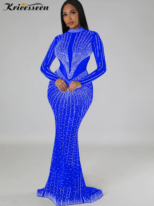 Kricesseen Sexy Blue Rhinestones Mesh Patchwork Sheer Maxi Dress Women New Long image 0