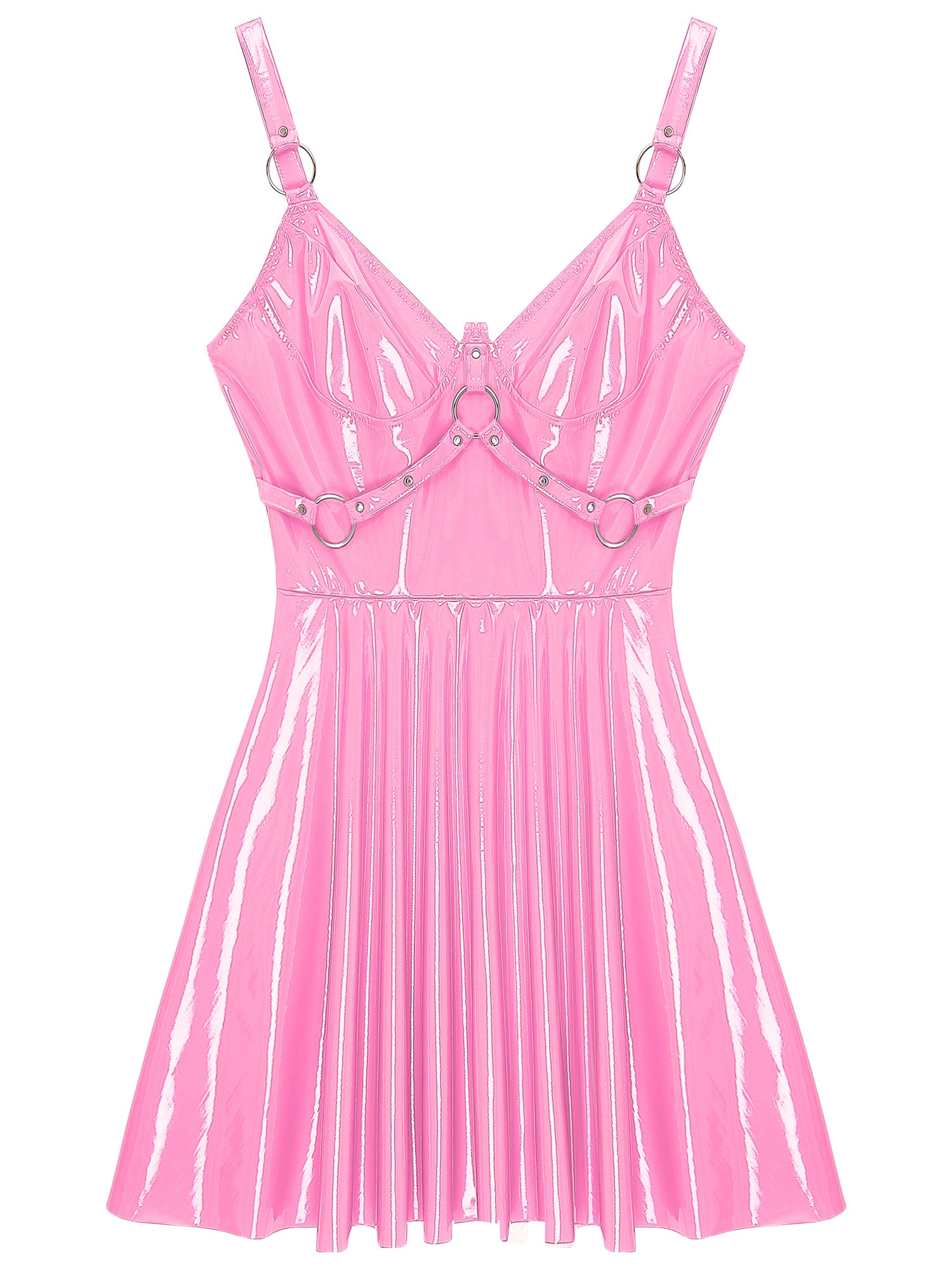 Womens Sexy Wet Look Patent Leather Slip Dress O-Ring Rivets Strappy V Neck Got image 11