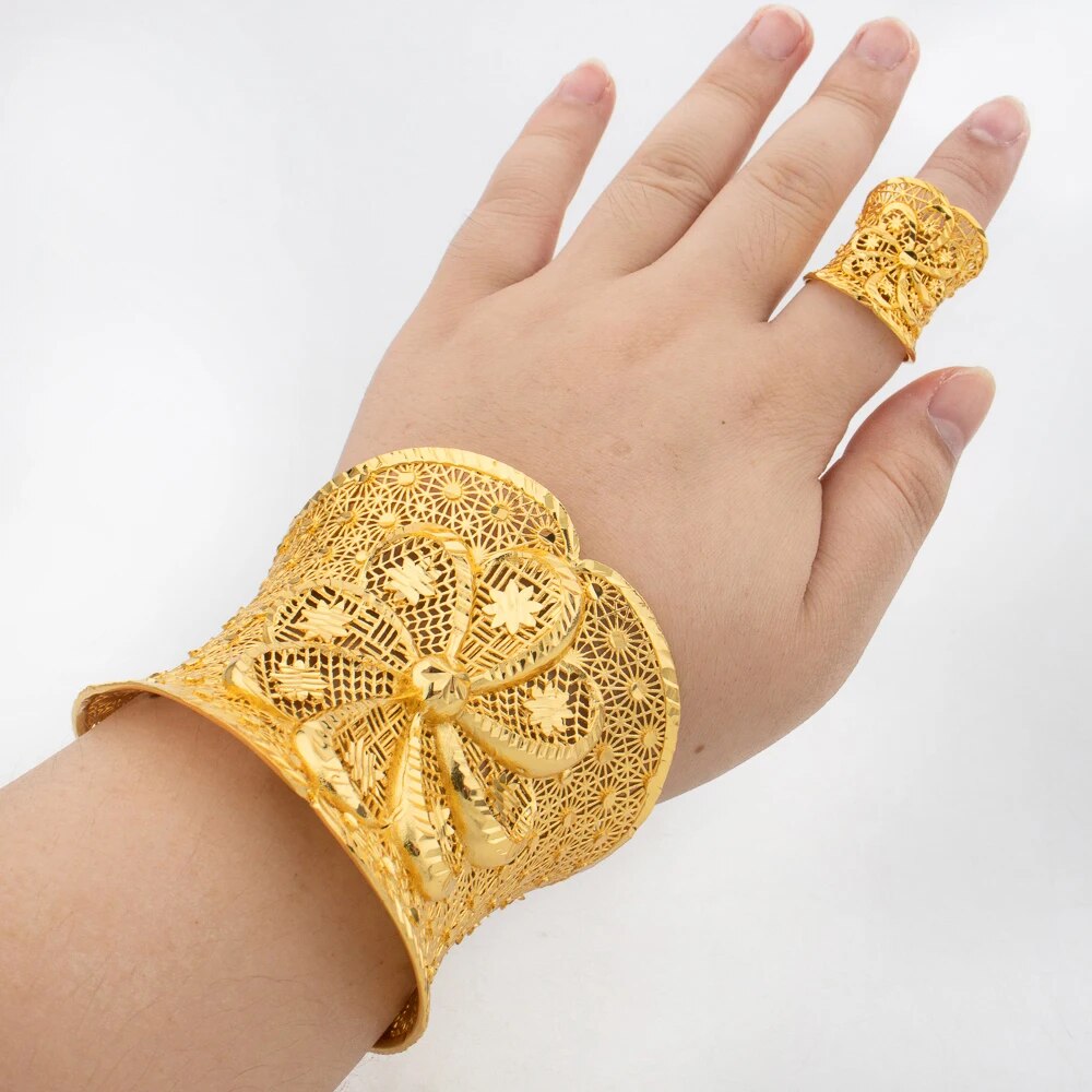 Dubai Cuff Bangle with Ring For Women 18k Gold Plated Copper Bracelet Jewelry N image 9