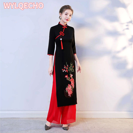 2024 Vietnam Ao Dai Cheongsam Traditional Oriental Dress Set Improved Vietnam A image 0