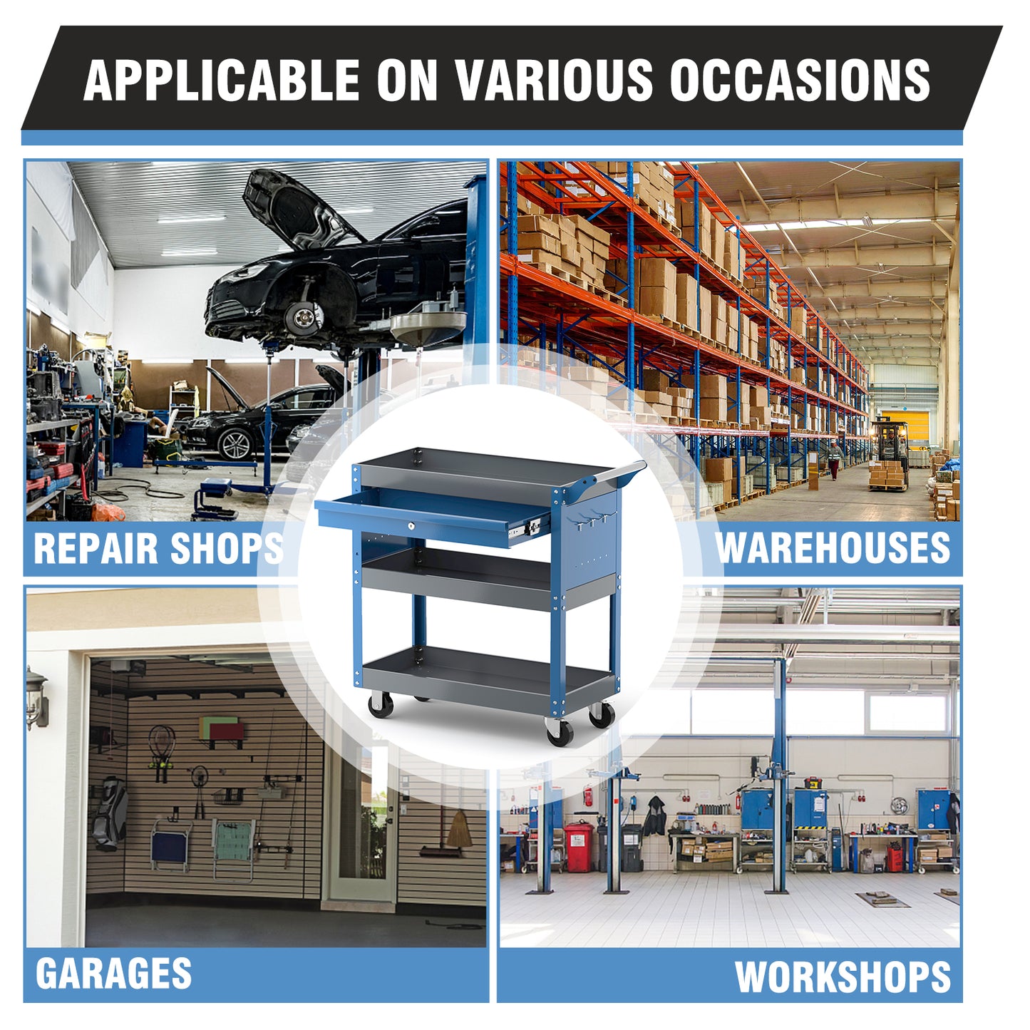 AIRAJ 3 Tier Rolling Tool Cart on Wheels,Metal Heavy Duty Mechanic Cart with Dr image 5