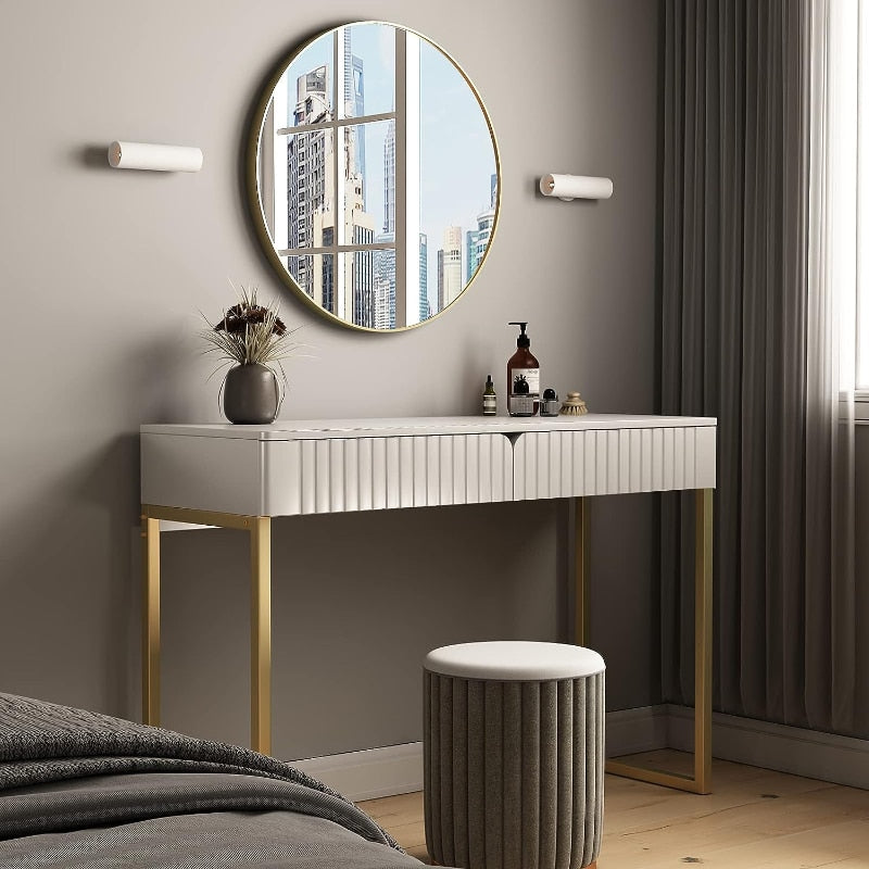 White Vanity Desk with 2 Drawers, Gold and White Desk,Home Office Desk Modern M image 3