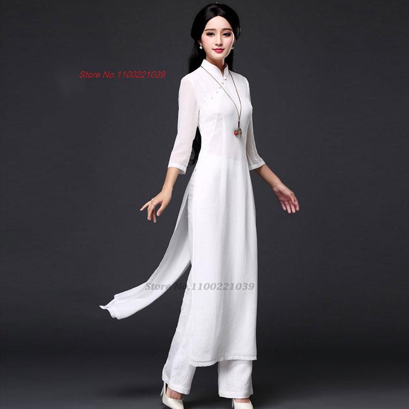 2024 traditional folk style aodai dress+pants set vietnam chiffon aodai elegant image 1