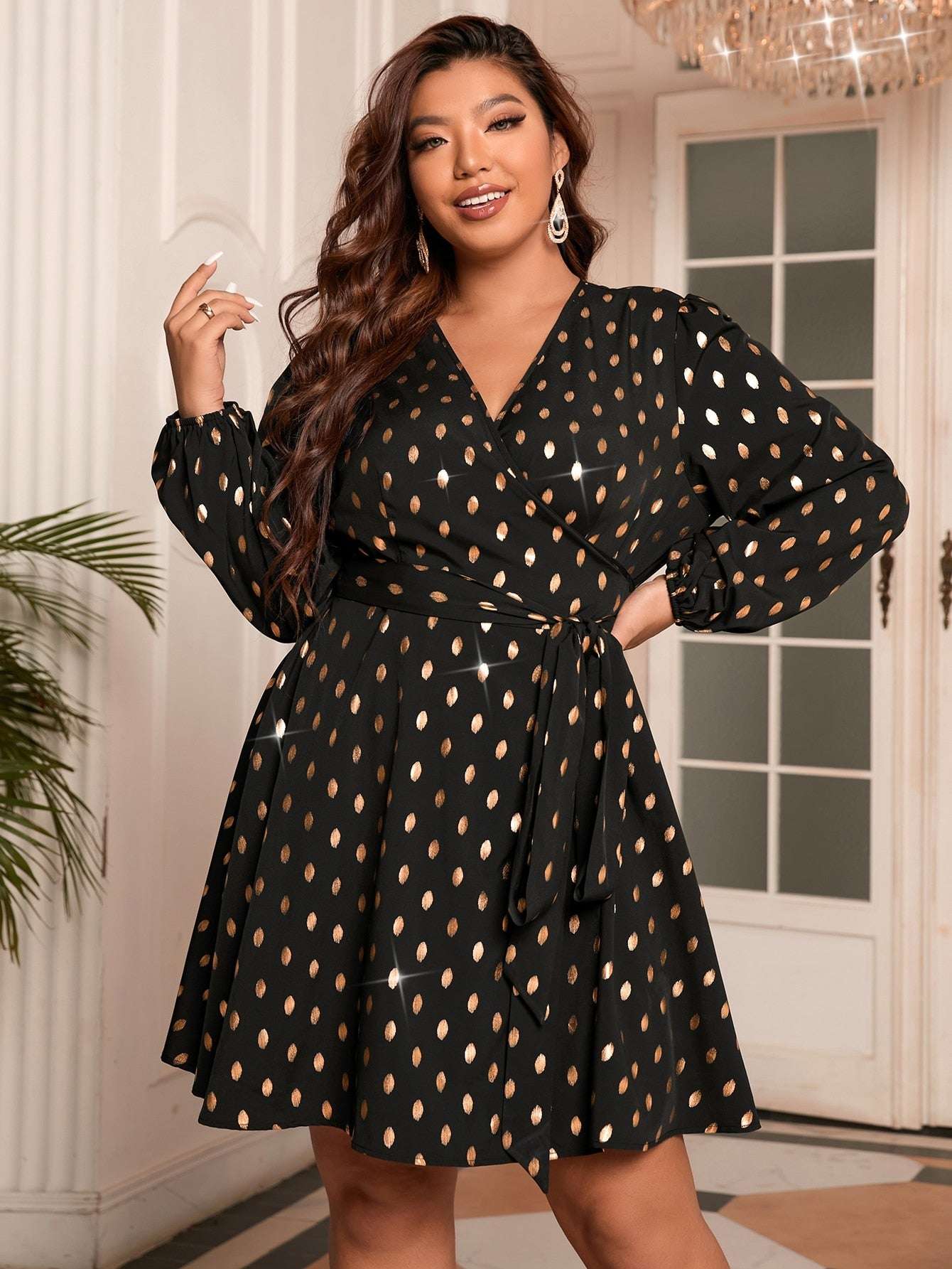Finjani Plus Size Women's Dress Gold Print Surplice Neck Lantern Sleeve Belted image 6