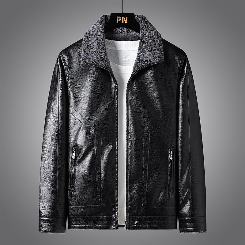 Winter Men's Fur Collar Leather Jacket Fashion Simple Solid Color Windproof Car image 3