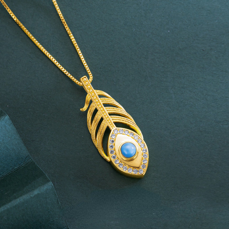 Elegant Real 14 K Gold Color Turquoise Feather Shape Necklace Chain for Women V image 0