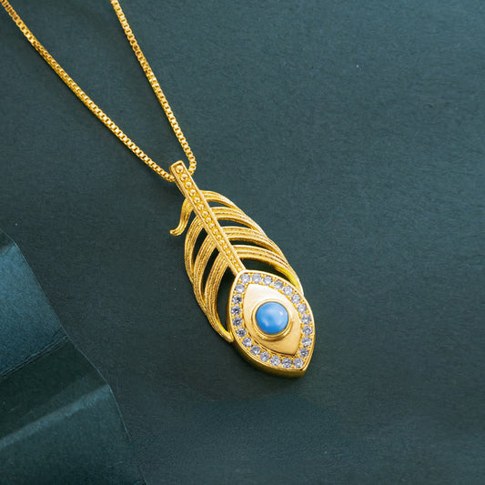 Elegant Real 14 K Gold Color Turquoise Feather Shape Necklace Chain for Women V image 0