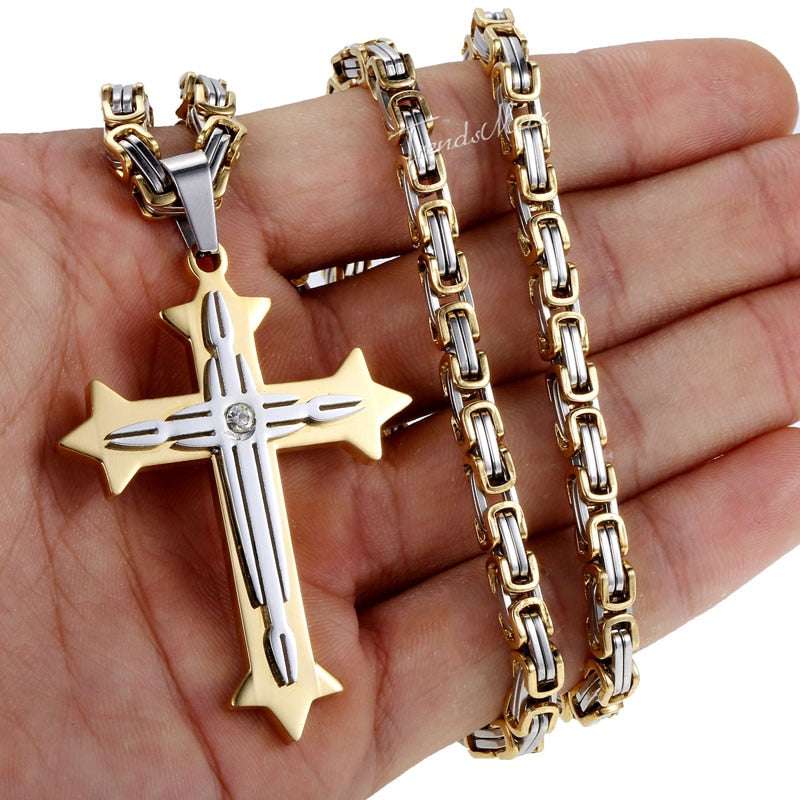 Men's Cross Necklace Gold Color Black Cross Pendant Stainless Steel Byzantine C image 3