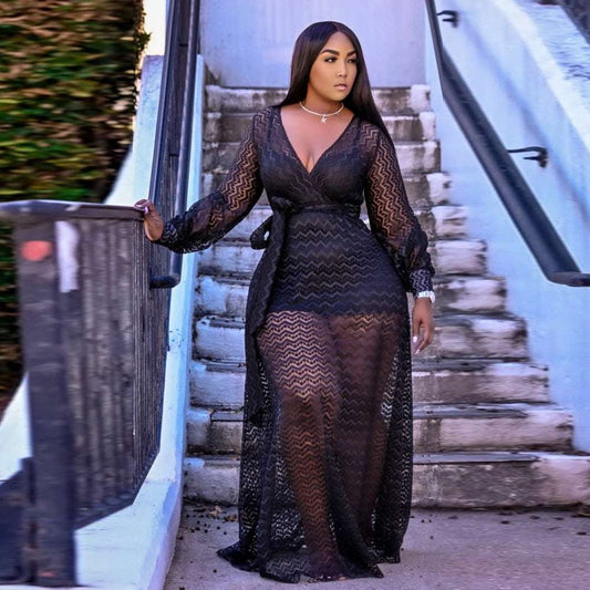 Plus Size Women Party Dresses Elegant Mesh See Through Dresses Lady Fashion Prom image 0
