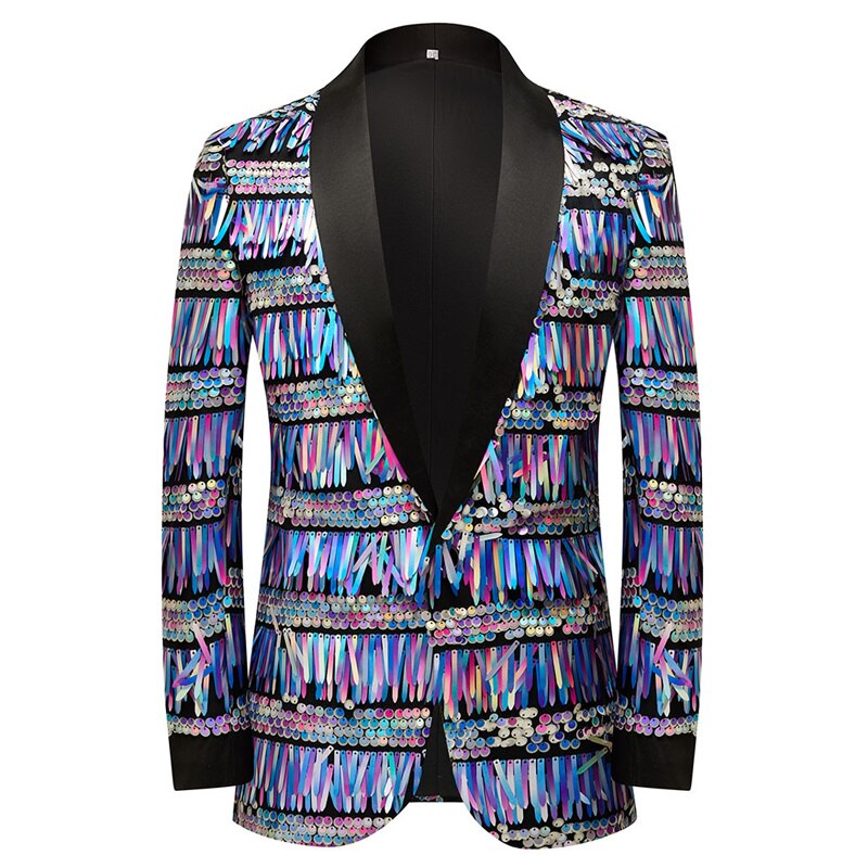 Mens Luxury Wave Striped Gold Sequin Blazer Jacket Shawl Lapel One Button image 0