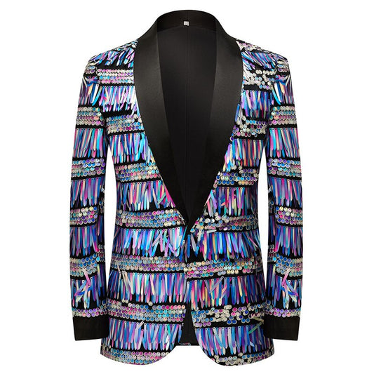 Mens Luxury Wave Striped Gold Sequin Blazer Jacket Shawl Lapel One Button image 0