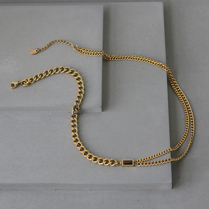Titanium With 18 K Gold Black Zircon Double Chian  Necklace Women Stainless Ste image 4