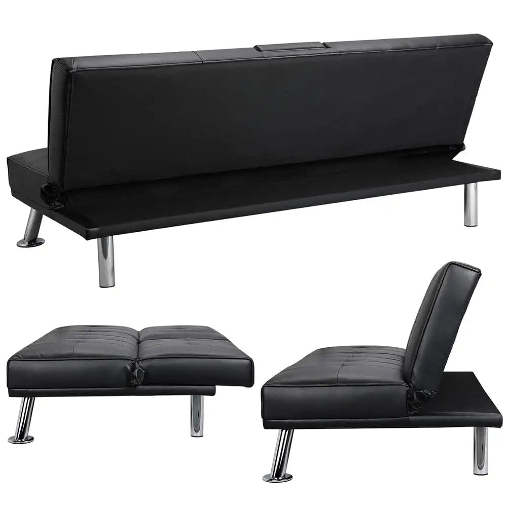 LuxuryGoods Modern Faux Leather Futon with Cupholders and Pillows, Black image 4