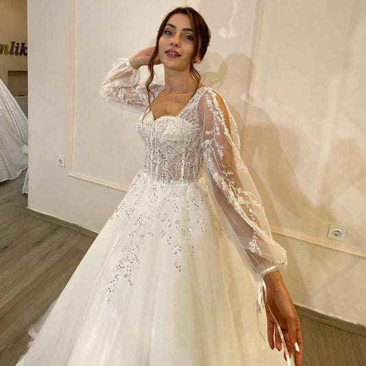 Eightree White Wedding Dresses Sweetheart Appliques Bridal Dress 2022 Puff Slee image 1