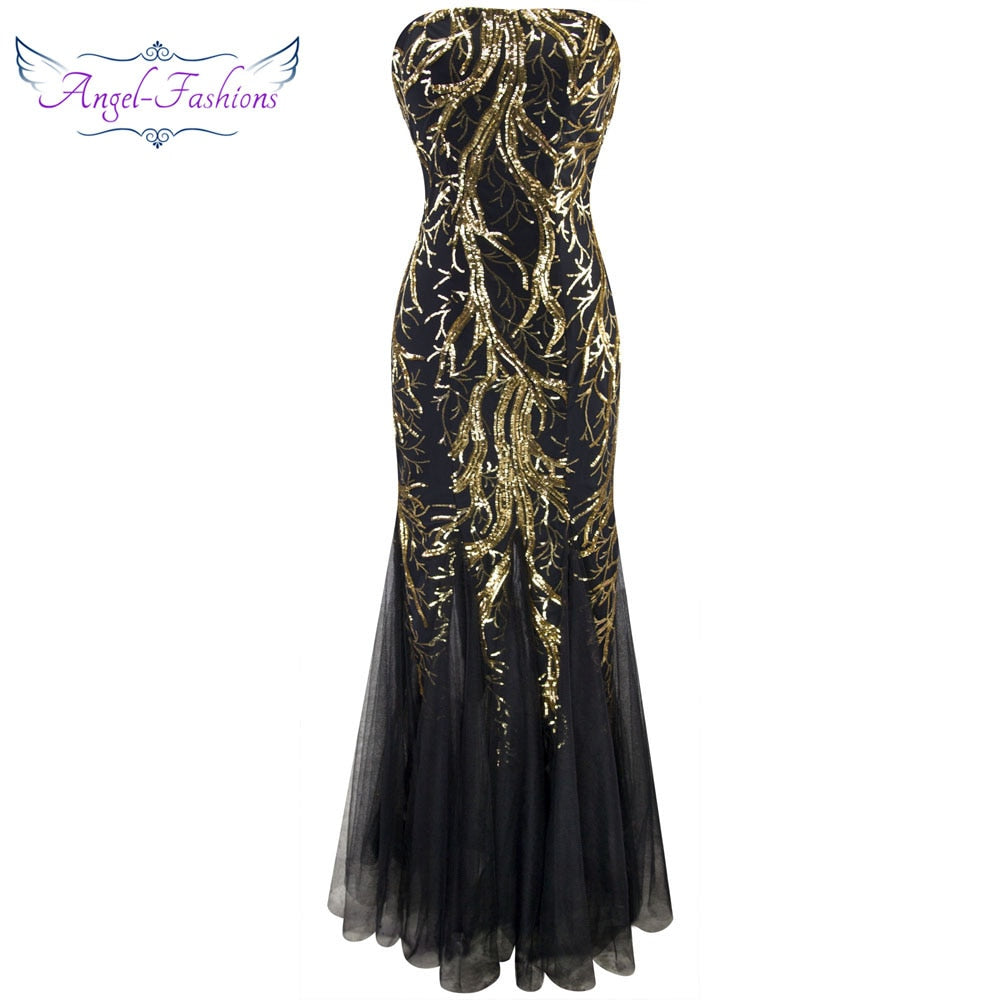 Angel-fashions Strapless Golden Branch Sequined Mermaid Full Length Formal Even image 0