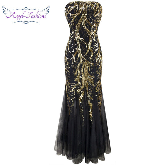 Angel-fashions Strapless Golden Branch Sequined Mermaid Full Length Formal Even image 0
