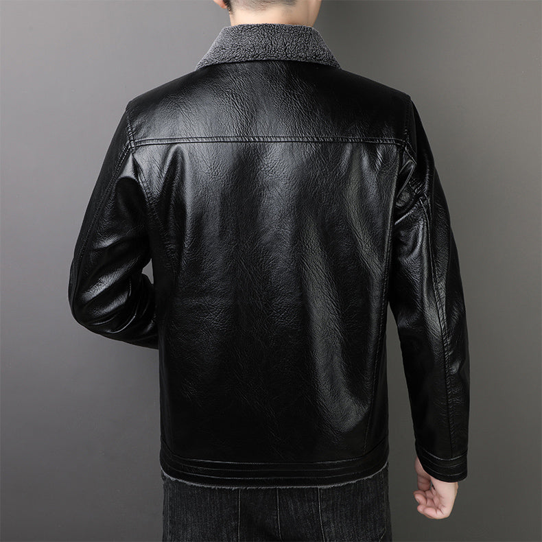 Winter Men's Fur Collar Leather Jacket Fashion Simple Solid Color Windproof Car image 4