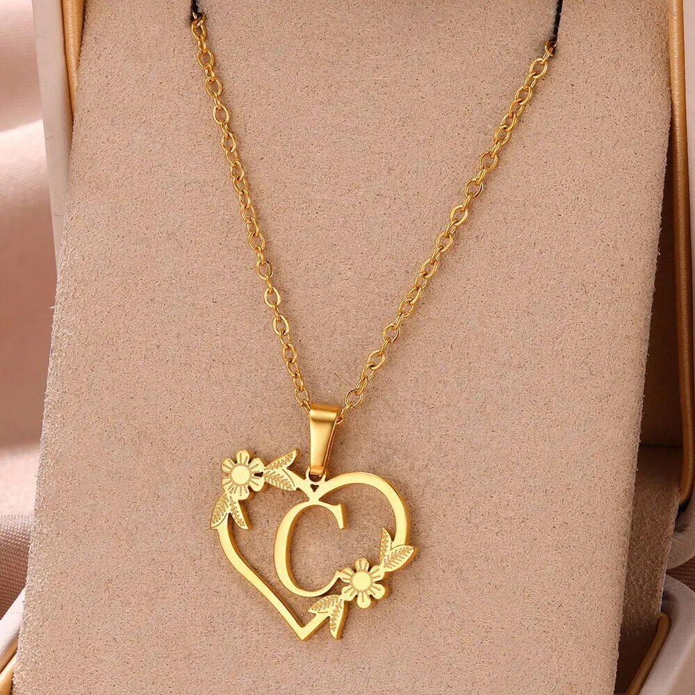 Gold Color Dainty Flower Initials Necklace Women Girl Stainless Steel Heart Let image 3