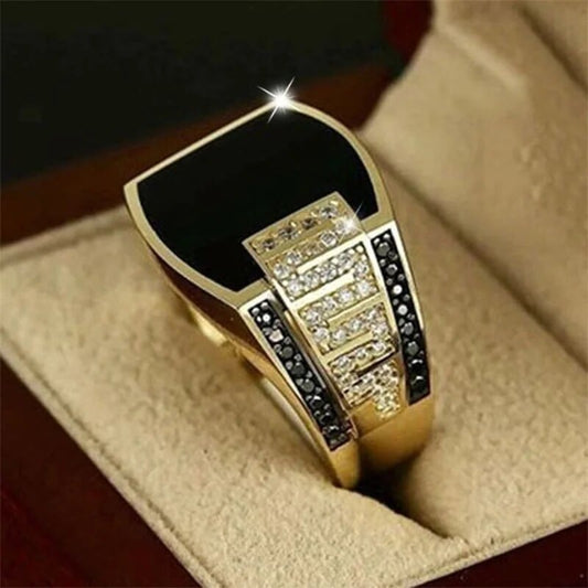 Classic Men's Ring Fashion Metal Gold Color Inlaid Black Stone Zircon Punk Ring image 0