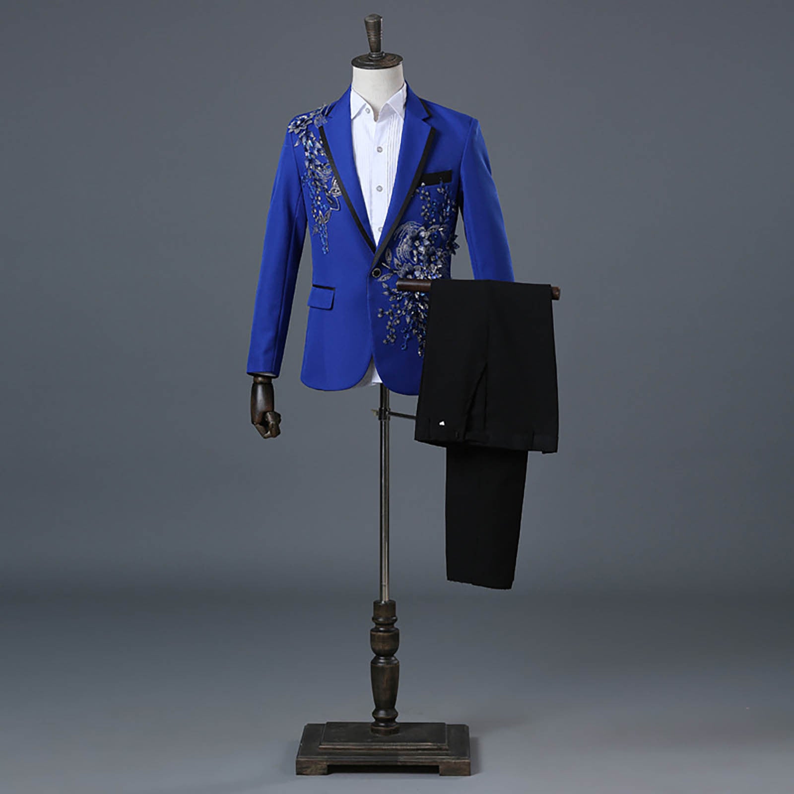 Floral Embroider Men's Suits Singer Nightclub Wedding Party Host One Button Sli image 1