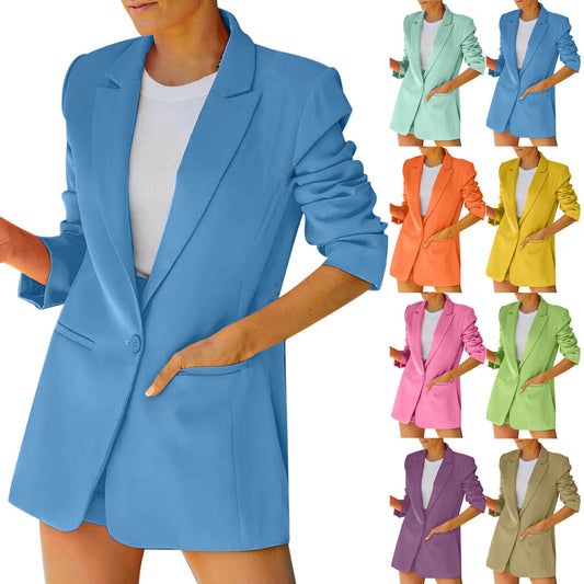 Women Blazer Jacket Chic Fashion Notched Collar Blazer Casual Button Long Sleev image 0