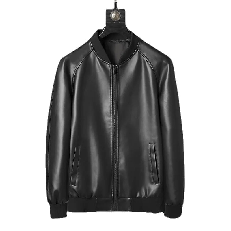 Men's PU Leather Jacket Fashion Baseball Collar Casual  Jackets Solid Color Mot image 6
