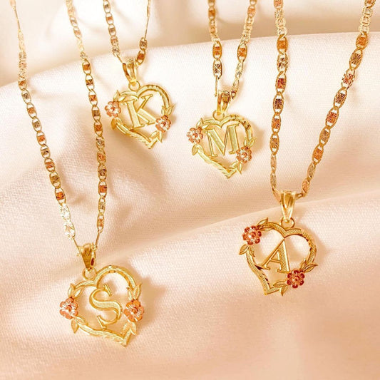 GOLD PLATED CUSTOMIZED HEART FLOWER INITIAL LETTER PENDANT WITH FIGARO CHAIN 24 image 0