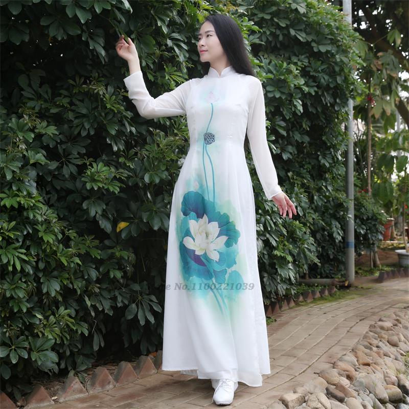 2024 aodai vietnam cheongsam qipao dress+pants set flower print vietnamese vint image 4