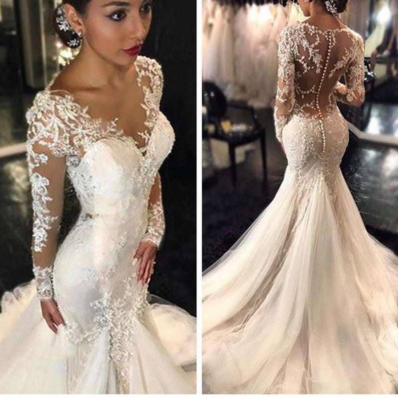 Gorgeous Lace Mermaid Wedding Dresses African Arabic Style Petite Long Sleeves image 0