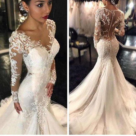 Gorgeous Lace Mermaid Wedding Dresses African Arabic Style Petite Long Sleeves image 0