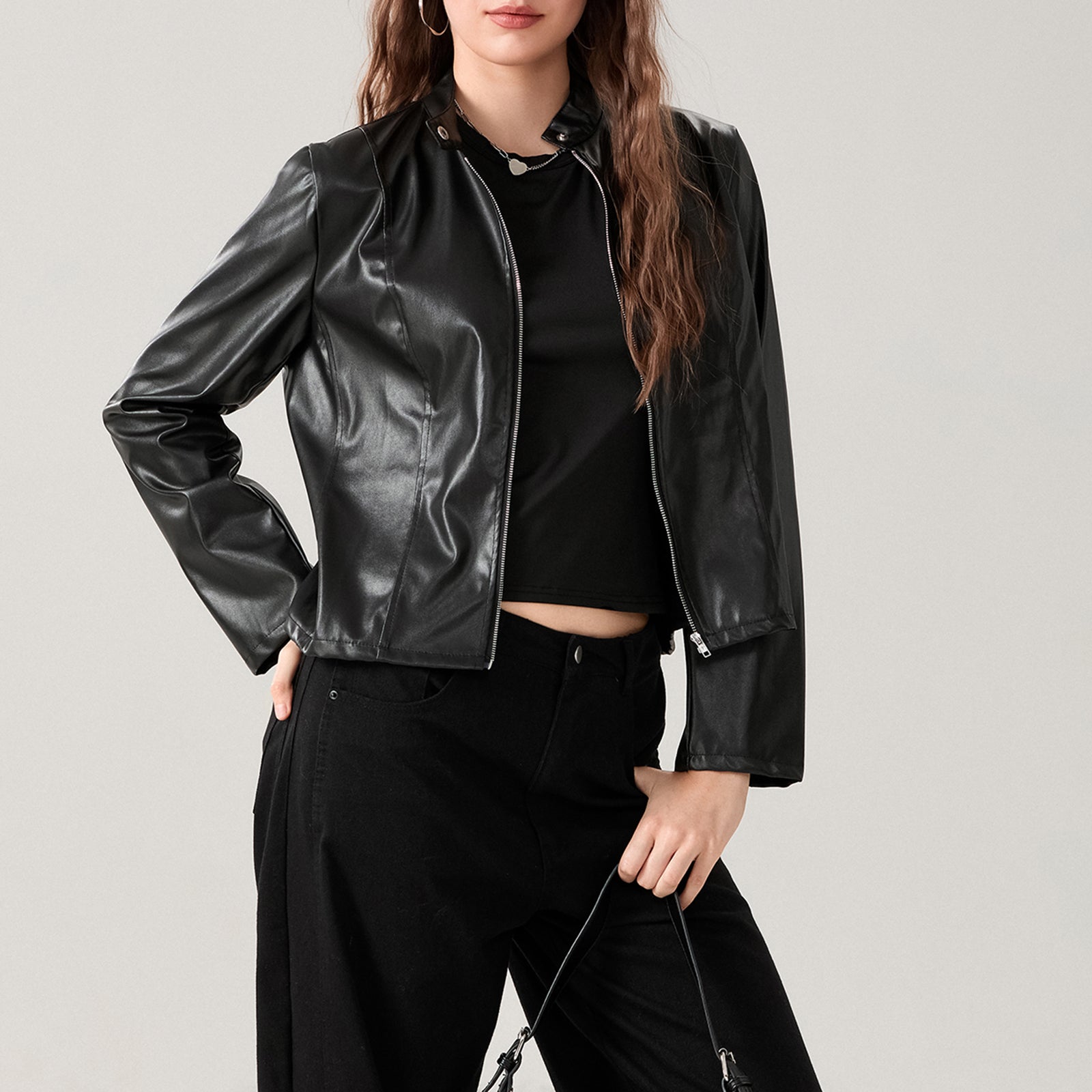 Women's Faux Leather Jacket Slim Moto Biker Jacket Outerwear Long Sleeve Zipper image 7