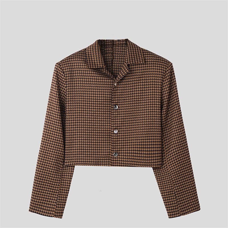 Men s Classic Plaid Print Short Jacket Lapel Collar Button Front Coat Autumn Ou image 0