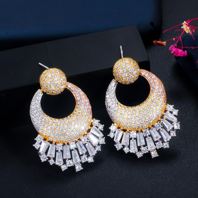 CWWZircons Nigerian Wedding 3 Tone Gold Plated Big Drop Earrings Shiny CZ Micro image 6