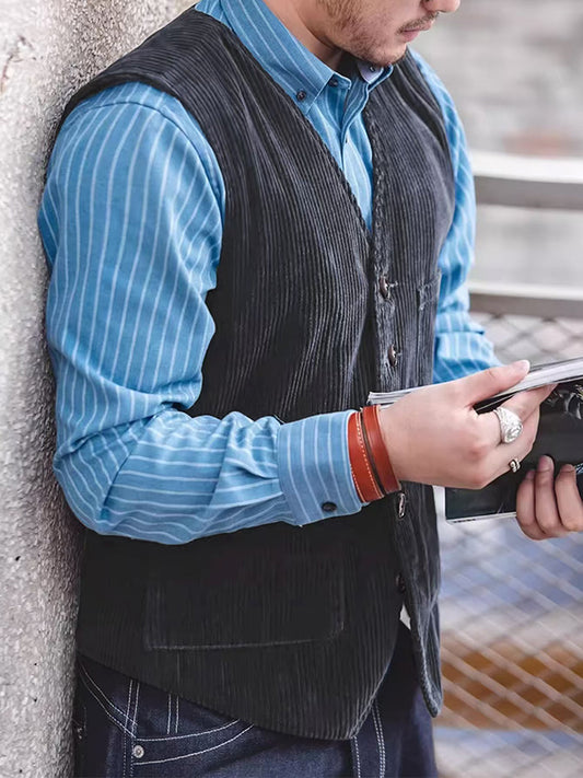Classy Button-up V Neck Corduroy Waistcoats Men Autumn Casual Solid Color Sleev image 0