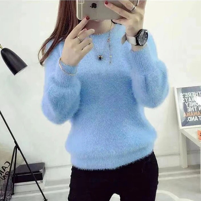 Winter Imitate Mink Wool Hot Fleecing Female Casual Sweater O-neck Long Puff Pi image 2
