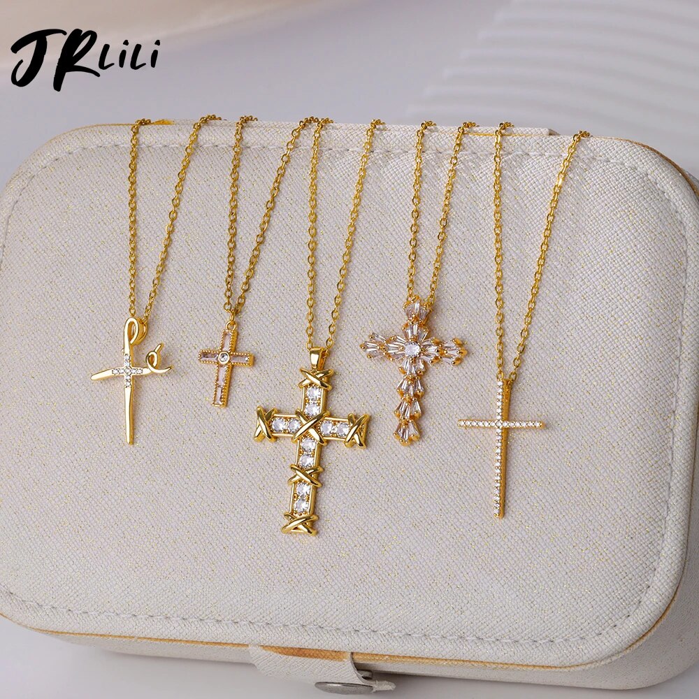 Zircon Cross Pendant Necklace for Women Gold Plated Stainless Steel Collar Neck image 20