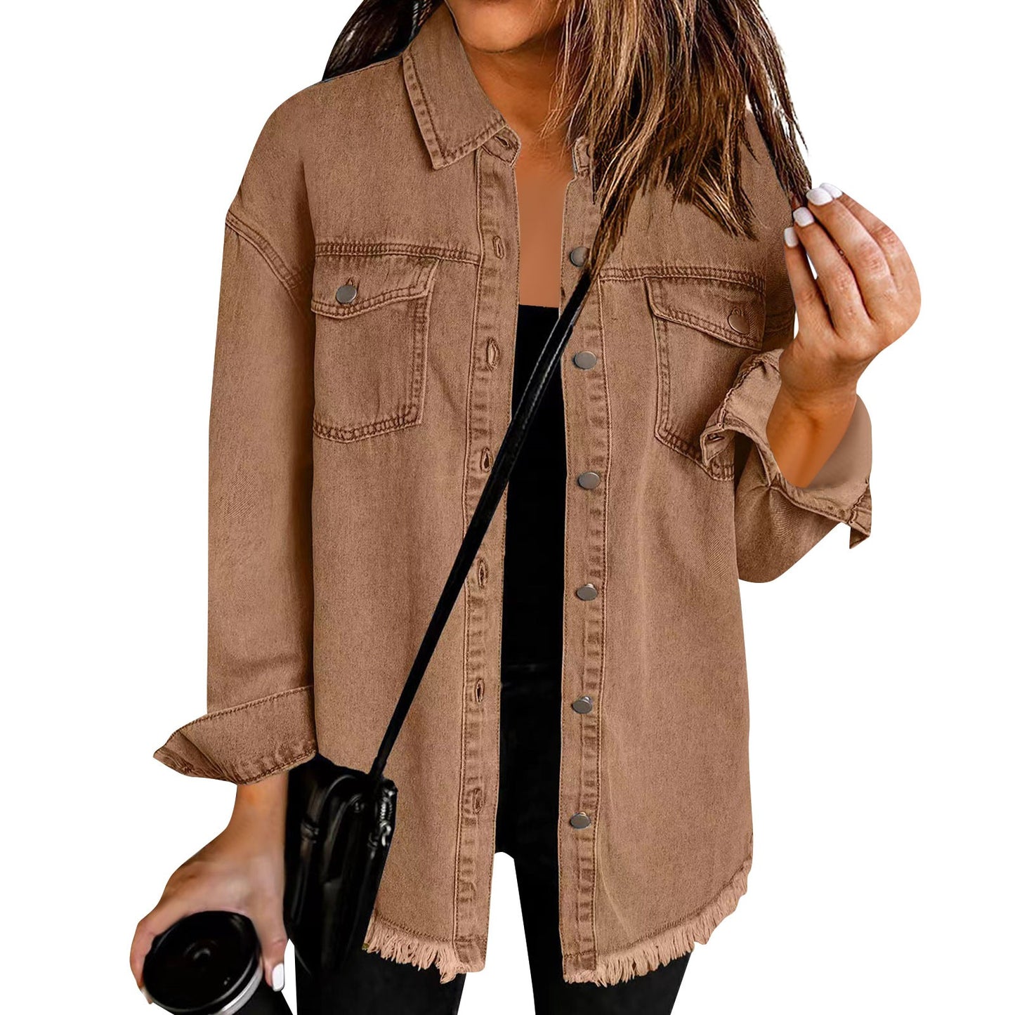 Women'S Fashion Denim Shirt Jacket Milled Hem Button Casual Long Sleeve Jacket  image 11