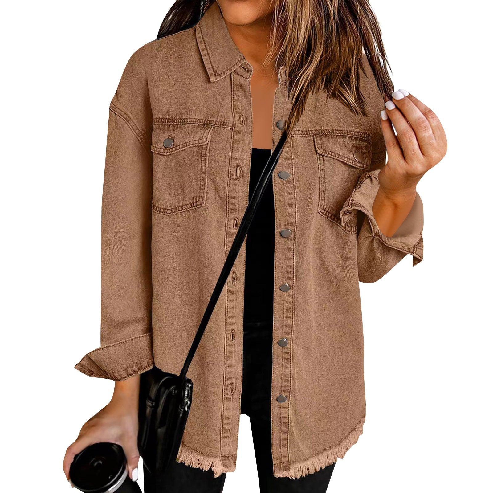 Women'S Fashion Denim Shirt Jacket Milled Hem Button Casual Long Sleeve Jacket  image 11