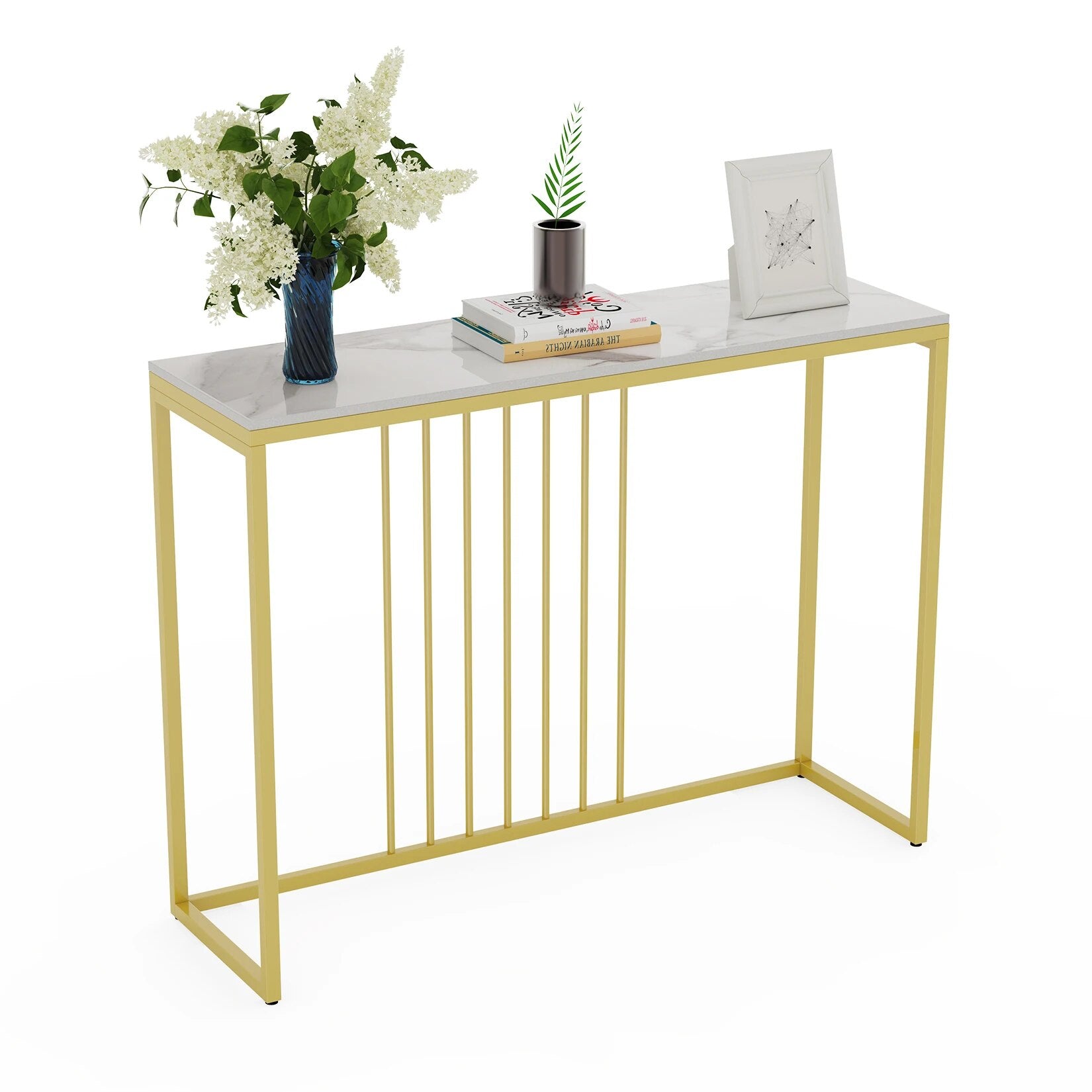 Modern Accent Console Marble Table Gold Metal Frame Storage Display Shelf Narro image 6