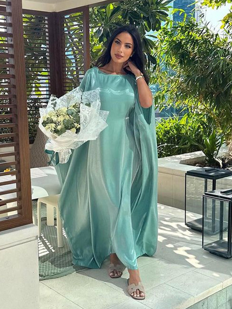 Fashion Glossy Gauze Muslim Kimono Abaya O-neck Maxi Robe Women 2024 Spring Sum image 1
