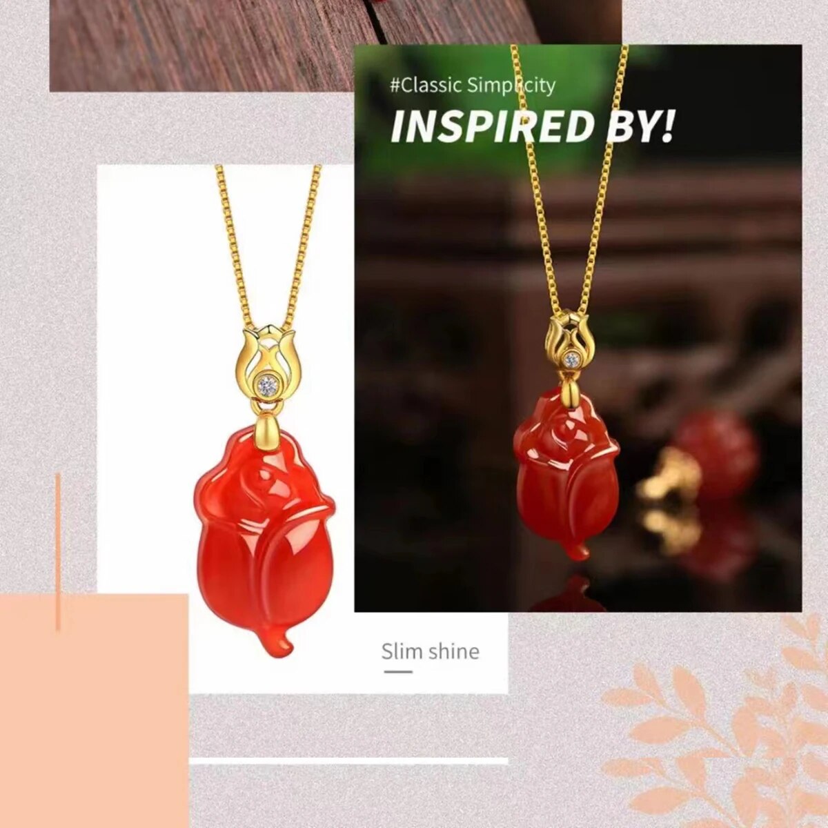 Real 18k Gold Necklace Natural Red Agate Pendant Pure AU750 Fine Jewelry Weddin image 2